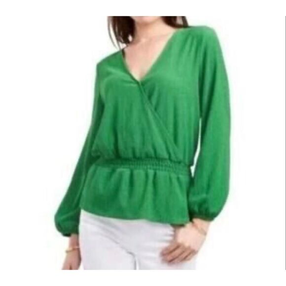 Vince Camuto NWT green faux wrap smocked waist top M - Picture 1 of 11